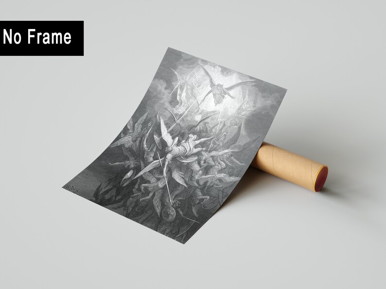 May include: A black and white art print featuring a detailed engraving of a battle between winged figures, with a central figure holding a spear. The print is rolled next to a brown cardboard tube, and a black box with the text No Frame is visible.