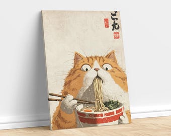 Slurping Orange Cat Canvas - Japanese Ramen Noodle Art - Funny Ginger Tabby Print - Ready to Hang Wall Decor