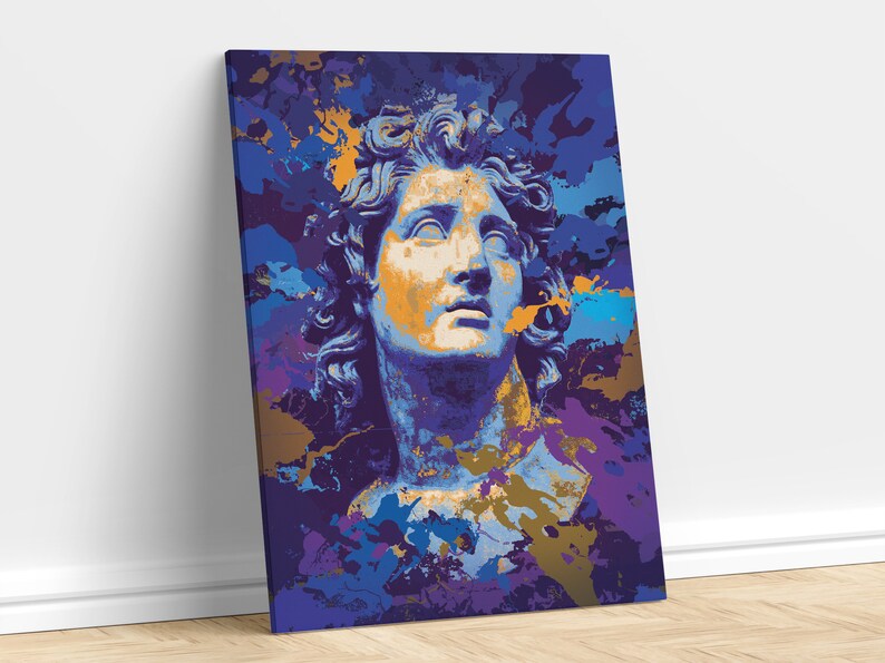May include: Canvas art print featuring a stylized bust of a classical figure. The artwork uses a vibrant color palette of blues, purples, and gold, with a splatter paint effect. The subject's face is rendered in shades of gold and blue.