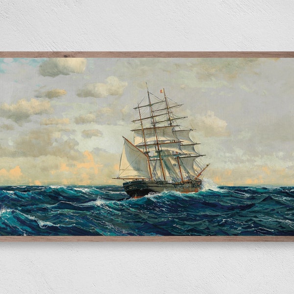 Samsung Frame TV Art | Seascape Landscape Oil Painting | Vintage Ship Painting | Art for TV | Instant Download