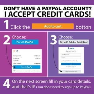 May include: An instructional graphic on a purple background explaining how to pay with a credit card without a PayPal account. It features four numbered steps with text and visual examples of the PayPal checkout interface, including buttons labeled Add to cart, Pay with PayPal, and Pay with Debit or Credit Card.