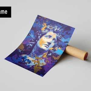 May include: A print featuring a classical bust with a gold and white face, set against a backdrop of blue, purple, and gold paint splatters. The words "No Frame" are in a black rectangle in the upper left corner. The print is rolled and held by a brown cardboard tube.