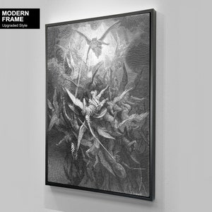 Angels Fighting, Mythology Antique Print, Battle Heaven & Hell on Canvas, Religious Decor, Black White Modern Wall Art, Jesus Christ Modern Black