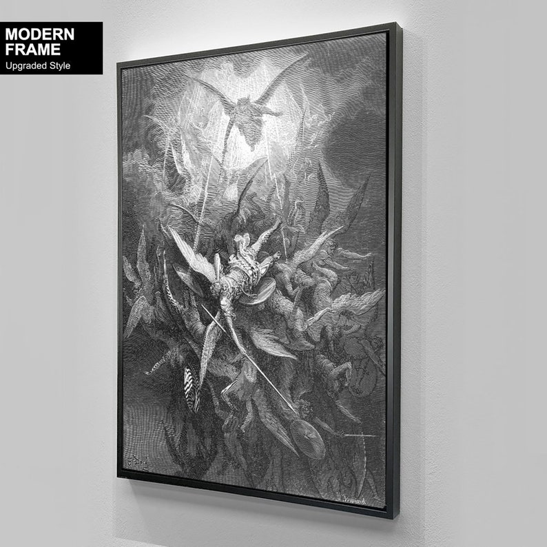 Angels Fighting, Mythology Antique Print, Battle Heaven & Hell on Canvas, Religious Decor, Black White Modern Wall Art, Jesus Christ Modern Black
