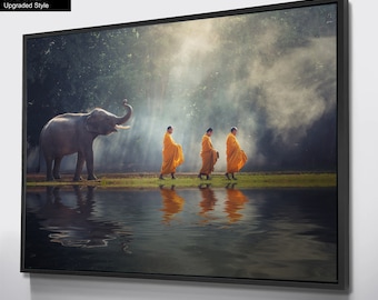 Buddhist Monks with Elephant, Buddhism Home Decor, Sanskrit Tibetan Poster, Yoga Studio Image, Meditation Spiritual Buddha Yoga Zen Present