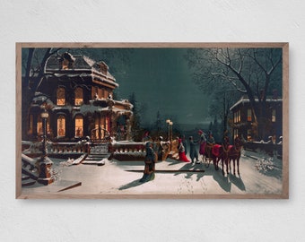 Samsung Frame TV Art Winter Village |  Winter, Night and Moon | Winter Oil Painting | Rustic Winter | Christmas Eve | Instant Download