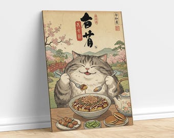 Funny Grey Tabby Cat Eating Ramen Canvas - Japanese Food Feast Art - Yakisoba & Yakitori Print - Sakura Landscape Decor - Kitchen Wall Art