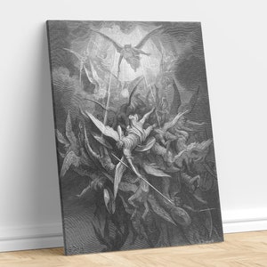 Angels Fighting, Mythology Antique Print, Battle Heaven & Hell on Canvas, Religious Decor, Black White Modern Wall Art, Jesus Christ Wrap