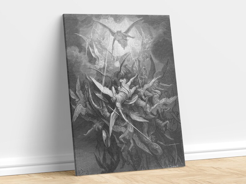Angels Fighting, Mythology Antique Print, Battle Heaven & Hell on Canvas, Religious Decor, Black White Modern Wall Art, Jesus Christ Wrap