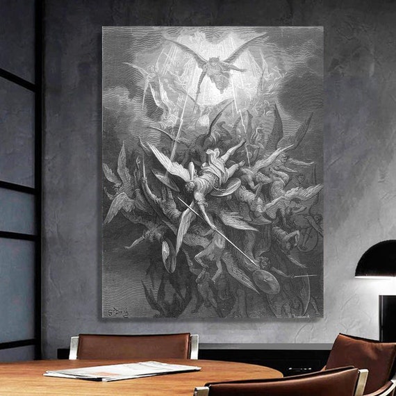 Angels Fighting, Mythology Antique Print, Battle Heaven & Hell on Canvas, Religious Decor, Black White Modern Wall Art, Jesus Christ