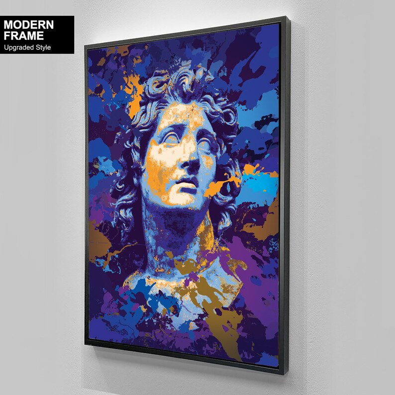 May include: Framed art print featuring a stylized bust in shades of blue, orange, and purple, with a modern abstract paint splatter design. The artwork is set against a white background and framed in black. Text on the upper left corner reads "MODERN FRAME Upgraded Style".