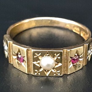 Antique 15ct Gold Seed Pearl & Ruby Ring, 1901 Henry Hyde Birmingham - L1/2 /M