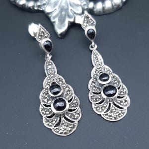 Antique 1930s Art Deco Sterling Silver Marcasite Articulated Long Drop Earrings