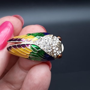 Vintage 1980s Enamel & Diamante Large Bug Brooch, Rhinestone Insect Cicada Brooch 9g