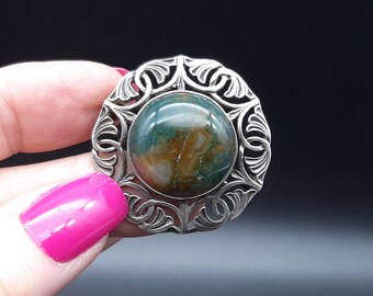 Broche édouardienne artistique et artisanale ancienne en argent sterling avec agate mousse 13 g