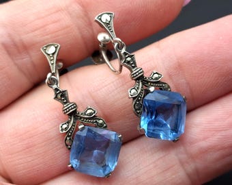 Antique Edwardian to Art Deco Silver Sapphire Blue Paste Drop Earrings