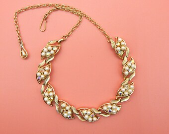 Vintage CORO 1950s Pink Diamante & Pearl Necklace