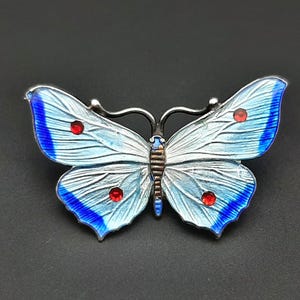Antique Edwardian 1913 JA&S Sterling Silver Blue Enamel Butterfly Brooch