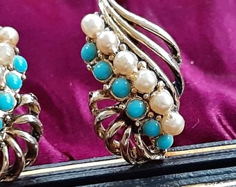 Boucles D'oreilles Vintage Clips - Or Et Perles Turquoise, Bijou Ancien