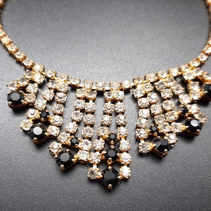 Vintage 1950s Sparkling Clear Paste & Black Diamante Dropper Necklace