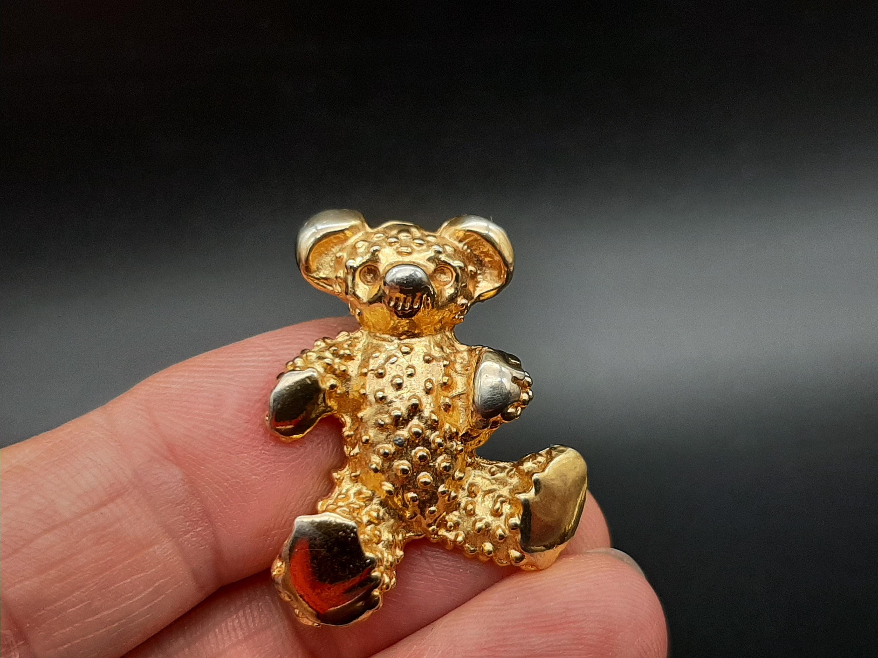 Broche Ourson Vintage Signée CDL – Métal Doré, Strass, Peluche, XXème Siècle, Occasion