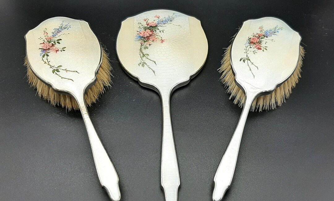 Vintage 1950s Three Piece Guilloche Enamel Hair Brush and  display picture 3