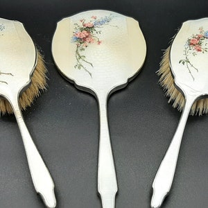 Vintage 1950s Three Piece Guilloche Enamel Hair Brush and Mirror Vanity Set