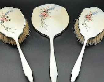 Vintage 1950s Three Piece Guilloche Enamel Hair Brush and Mirror Vanity Set