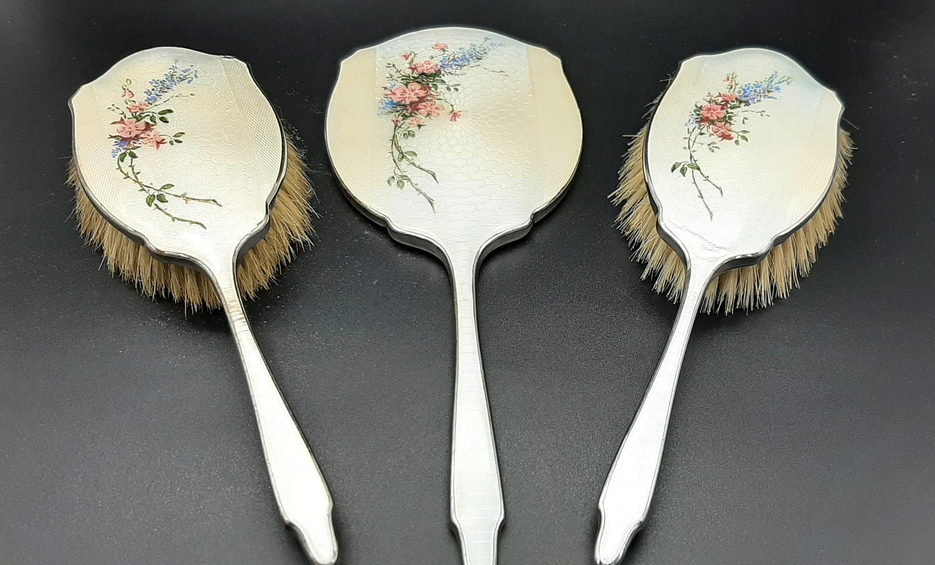 Vintage 1950s Three Piece Guilloche Enamel Hair Brush and  display picture 3