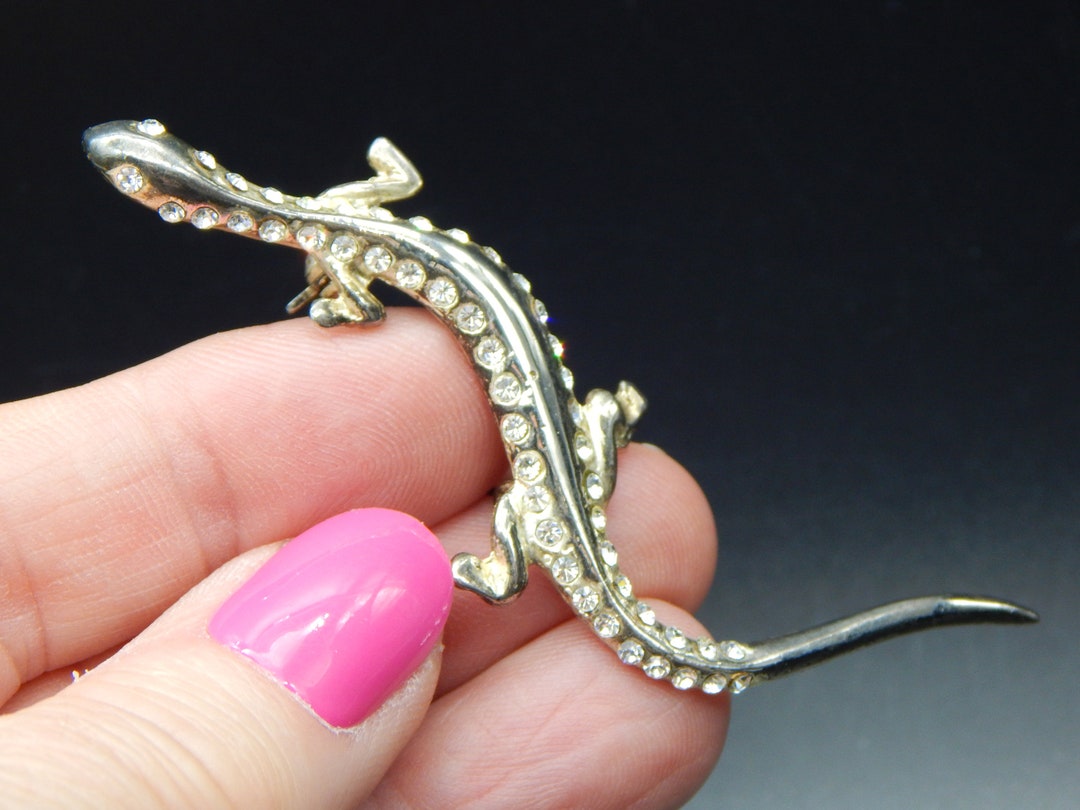 Broche Vintage Laiton Doré Strass - Forme Salamandre/gecko, Provence, L60x30mm