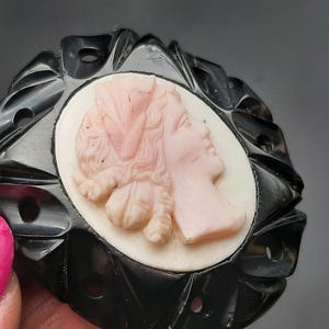 Antique Victorian Whitby Jet & Angel Skin Coral High Relief Cameo Brooch image 4