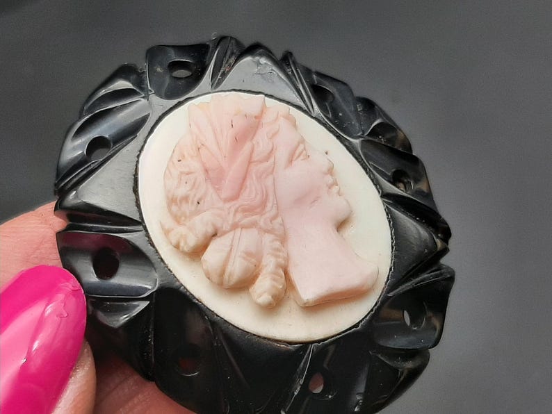 Antique Victorian Whitby Jet & Angel Skin Coral High Relief Cameo Brooch image 4