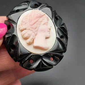 Antique Victorian Whitby Jet & Angel Skin Coral High Relief Cameo Brooch image 3
