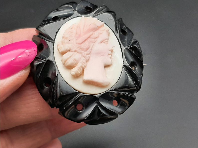 Antique Victorian Whitby Jet & Angel Skin Coral High Relief Cameo Brooch image 3
