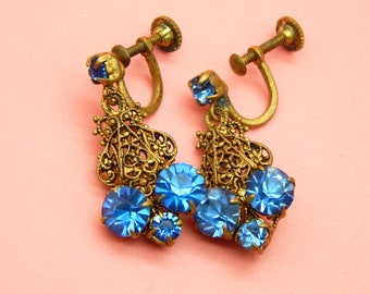 Antike Art Deco Blaue Tschechische Glas Filigrane Verzierte Tropfen Ohrringe