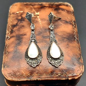Antique Art Deco 1930s Sterling Silver Mother of Pearl Marcasite Drop Earrings