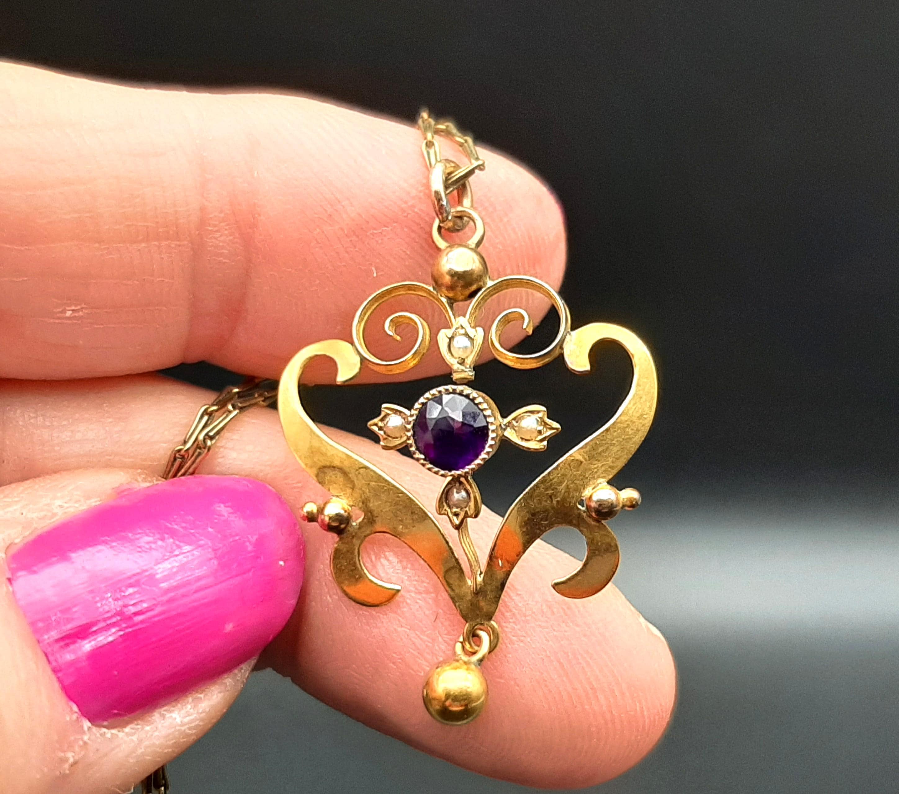 Antique Edwardian 9ct Gold Sapphire & Seed Pearl Lavalier Pendant