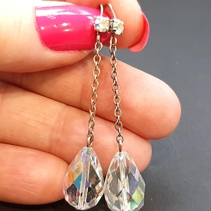 Antique Art Deco Clear Briolette Crystal & Paste Chain Linked Drop Earrings