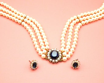 Miriam Haskell Inspired 1950s Sterling Silver, Pearl & Diamante Necklace with Matching Earrings