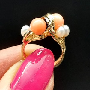 Anello vintage in oro 14 carati con corallo e perla d'acqua dolce - taglia F immagine 5