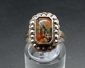 Antique 1920s Art Deco Silver Moss Agate Marcasite Ring - UK ring size J