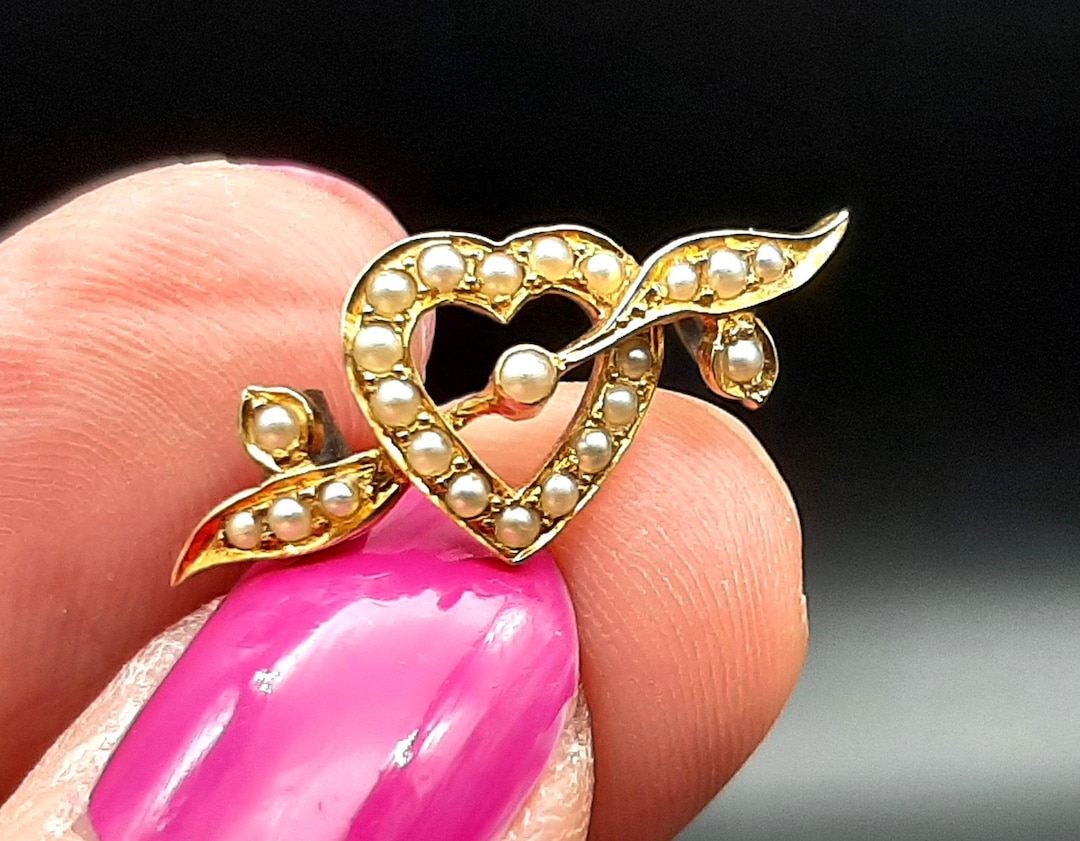Antique Victorian 9ct Gold Seed Pearl Heart & Arrow Sweetheart