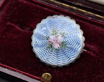 Antique Art Nouveau Pretty Silver & Guilloche Enamel Brooch