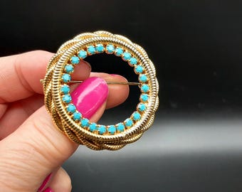 Vintage 1950s Large Turquoise & Gold Tone Brutalist Circlet Brooch