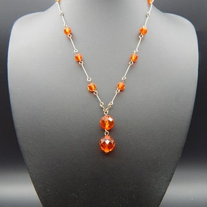 Antique Art Deco 1920s Czech Faceted Orange Glass Bead Necklace on Rolled Gold Wire