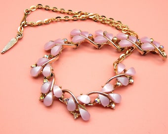 Vintage CORO 1950s Pink Lucite Thermoset & Diamante Necklace