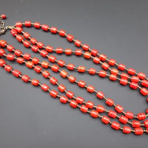 Vintage Red Barrelled Glass Bead Triple Stand Necklace