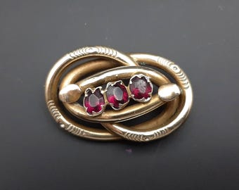 Antique Victorian c1860 Gold Filled Lovers Knot Garnet Brooch