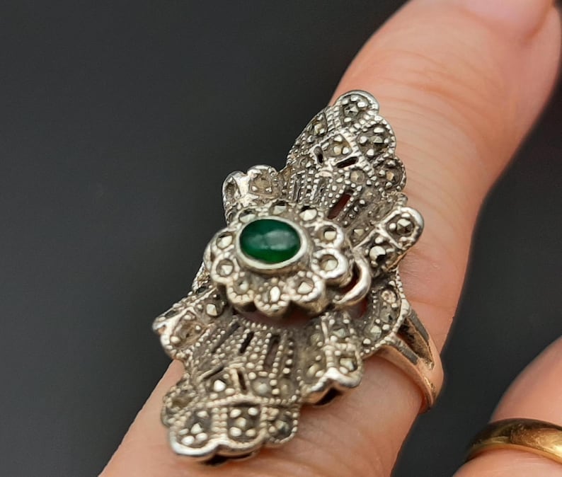 Antique 1930s Art Deco Silver Marcasite Ring sz K - K1/2 image 1
