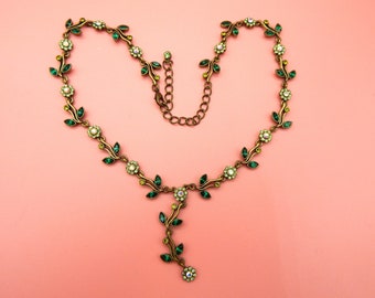 Vintage Pink & Green Diamante Floral Lariat Necklace